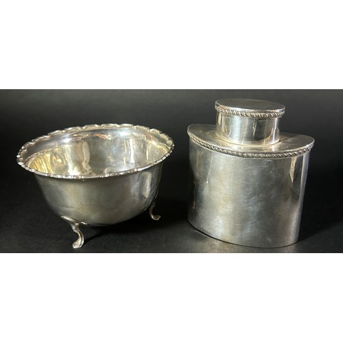 185 - A silver tea caddy Birmingham 1906, maker Deacon & Francis Ltd, an Adie Brothers Ltd sugar bowl, a d... 