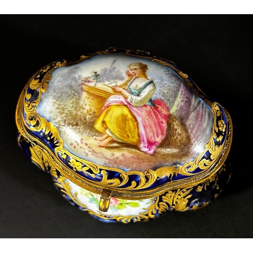 85 - Two Meissen pots and covers with rose finials together with a small Sevres blue and gilt lidded trin... 