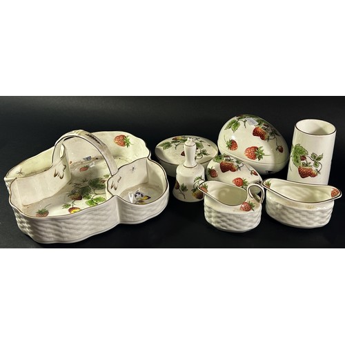 86 - A collection of Coalport Strawberry pattern jam/cream set, two egg boxes, small bud vase