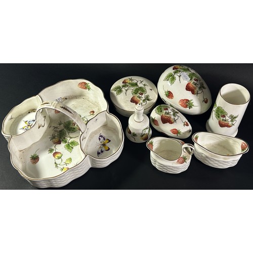 86 - A collection of Coalport Strawberry pattern jam/cream set, two egg boxes, small bud vase