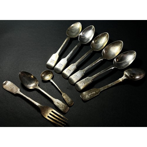 187 - A mixed selection of mostly late Georgian and Victorian silver flatware, 7 spoons, one mustard spoon... 