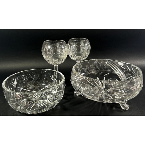 155 - A collection of lead crystal glass including six glass baskets, two bowls, a pair of square stemmed ... 