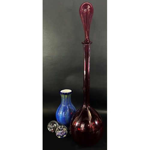 141 - A collection of glass, including a tall red glass Chemist’s bottle with stopper, a pair of German Le... 