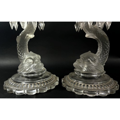 135 - A pair of Baccarat Crystal and Cut Glass Dolphin Lustre Candlesticks, each with a removable engraved... 