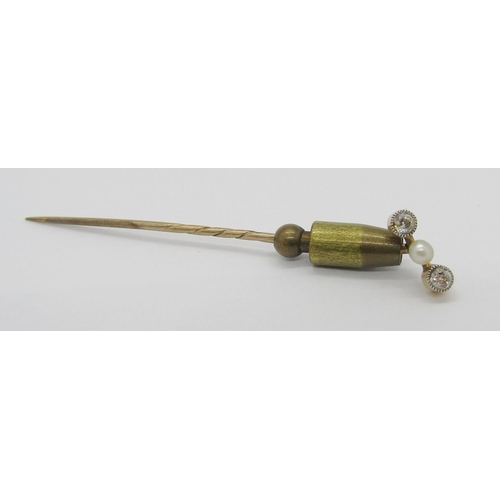 339 - Antique yellow metal millegrain set diamond and pearl stick pin, contained in a period T.&J. Perry o... 