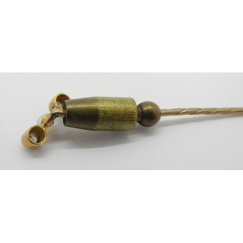 339 - Antique yellow metal millegrain set diamond and pearl stick pin, contained in a period T.&J. Perry o... 