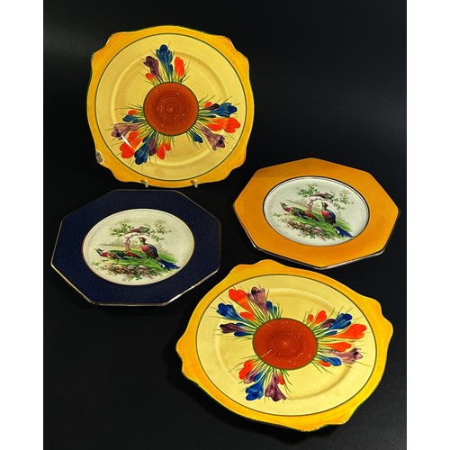 113 - Clarice Cliff crocus pattern sandwich plate and one other, Celtic pottery vase, Midwinter Riviera pl... 