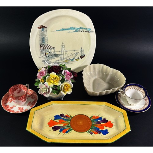 113 - Clarice Cliff crocus pattern sandwich plate and one other, Celtic pottery vase, Midwinter Riviera pl... 