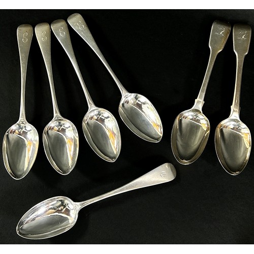 231 - Seven assorted 19th century silver dessert spoons by various makers, 10.7 ozs approximately