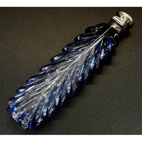 381 - A cut-glass scent bottle with feathered edge in a blue colourway, with white metal hinged cap