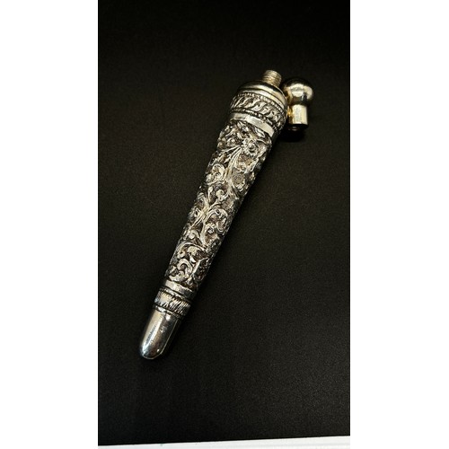 383 - A Victorian perfume bottle of cylindrical tapering form with engraved floral detail, with bespoke le... 