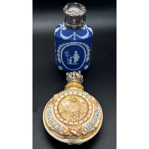 384 - A Victorian commemorative scent bottle, the circular ceramic body by Royal Worcester depicting a you... 