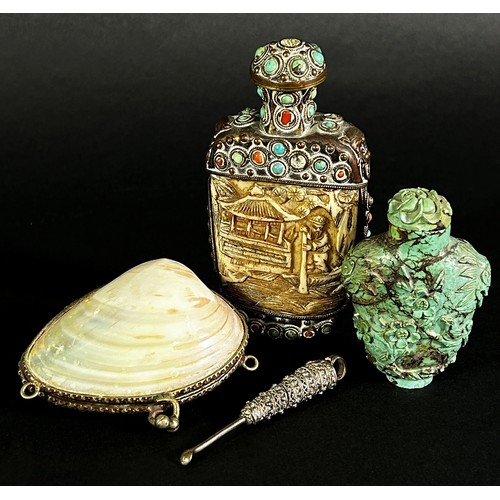 404 - Two Dutch glass decanters, two carved turquoise snuff bottles, mother-of-pearl purse