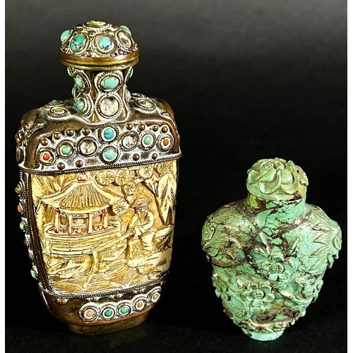 404 - Two Dutch glass decanters, two carved turquoise snuff bottles, mother-of-pearl purse