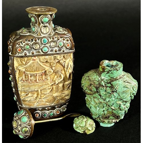 404 - Two Dutch glass decanters, two carved turquoise snuff bottles, mother-of-pearl purse