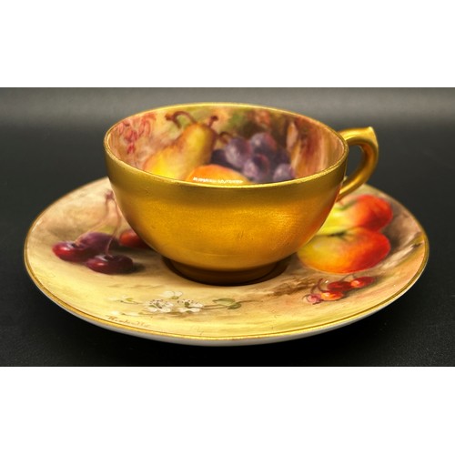 407 - A signed miniature Worcester cabinet cup and saucer, decorated with fruit, signed 'Ricketts' (Willia... 