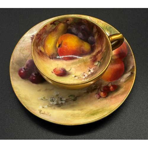 407 - A signed miniature Worcester cabinet cup and saucer, decorated with fruit, signed 'Ricketts' (Willia... 