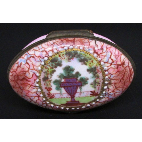 391 - A Georgian pink enamel Bilston box oval with urn and landscape detail