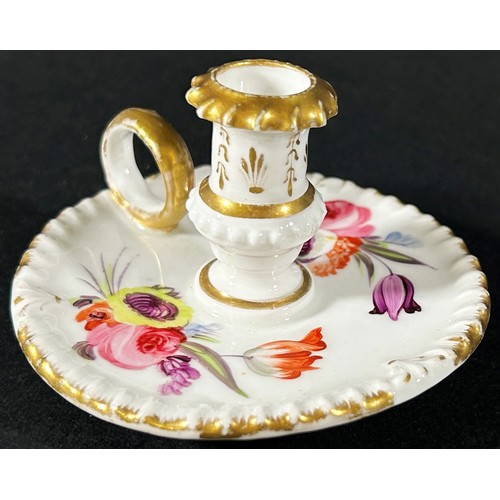 413 - A miniature Coalport chamberstick with gadrooned border and hand painted floral panels, c.1830, 5cm ... 