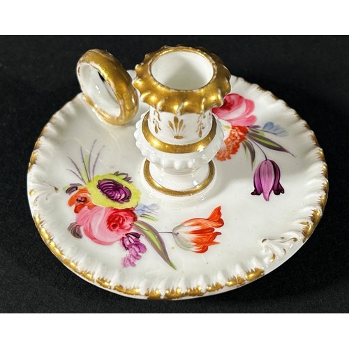 413 - A miniature Coalport chamberstick with gadrooned border and hand painted floral panels, c.1830, 5cm ... 