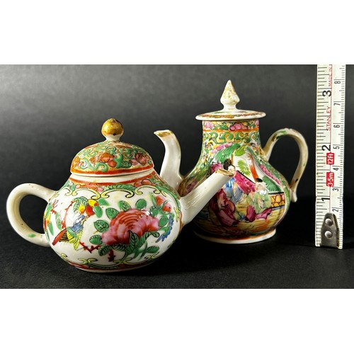 418 - Four miniature Cantonese tea and coffee pots with traditional painted finish, 7.5cm max