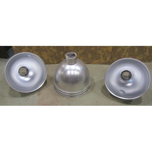 1068 - A set of six industrial domed aluminium ceiling pendant light shades, 38cm high x 47cm diameter