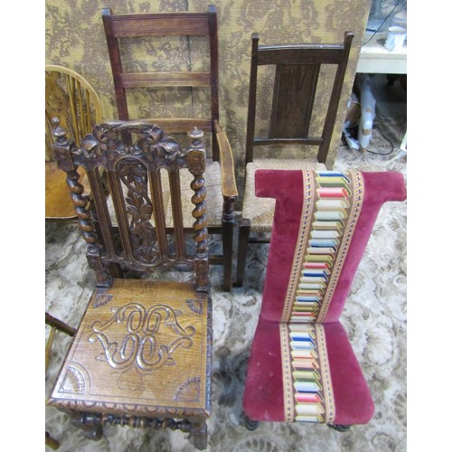 1075 - A set of four (3&1) Windsor stained beechwood wheelback dining chairs together with two rush seated ... 