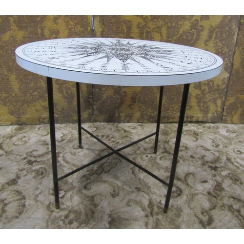 1087 - A mid-20th century occasional table the circular top in the form of a compass raised on steel suppor... 