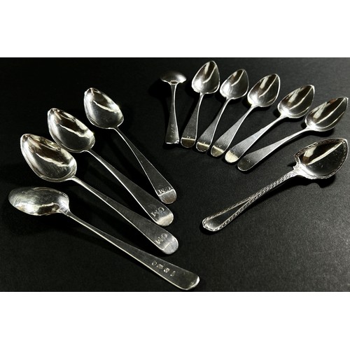 253 - Six Georgian silver teaspoons each engraved with an 'M' and four engraved 'CM' and a single silver j... 