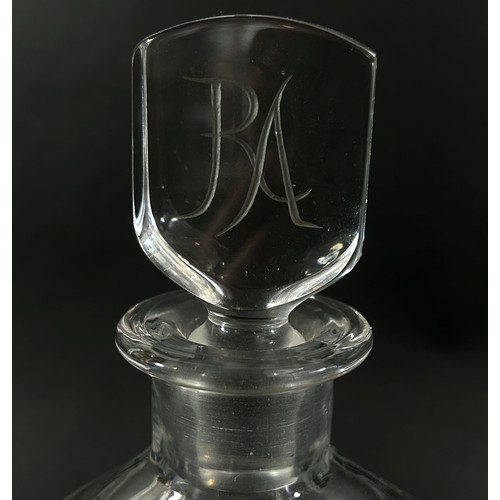 131 - A cut glass Swedish Orrefors decanter with a flying duck amongst river plants, the initials RA engra... 