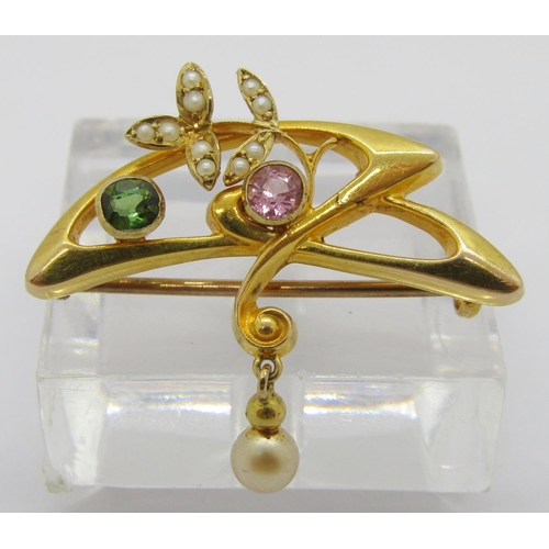 277 - 15ct gem set brooch in the style of Murrle Bennett, set with a peridot, morganite and seed pearls, 3... 