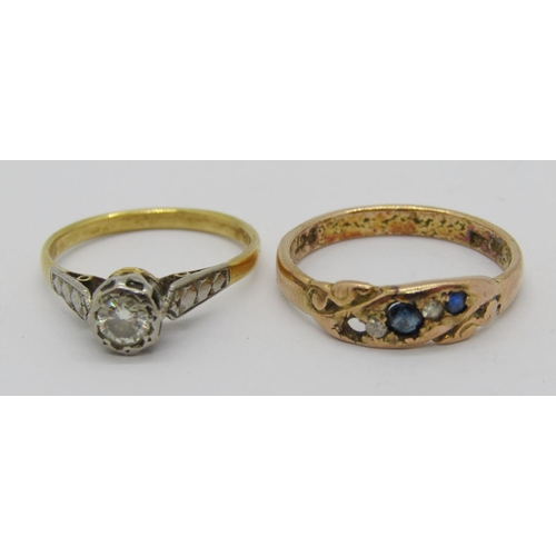 285 - Yellow metal diamond solitaire ring, 0.25ct approx, size K, 2g and a 9ct sapphire and diamond gypsy ... 