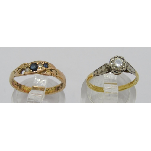 285 - Yellow metal diamond solitaire ring, 0.25ct approx, size K, 2g and a 9ct sapphire and diamond gypsy ... 