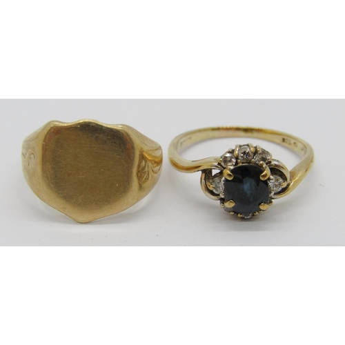 286 - 9ct shield signet ring, size H, 3.4g and a 9ct sapphire and diamond cluster ring, size L, 1.8g (2)