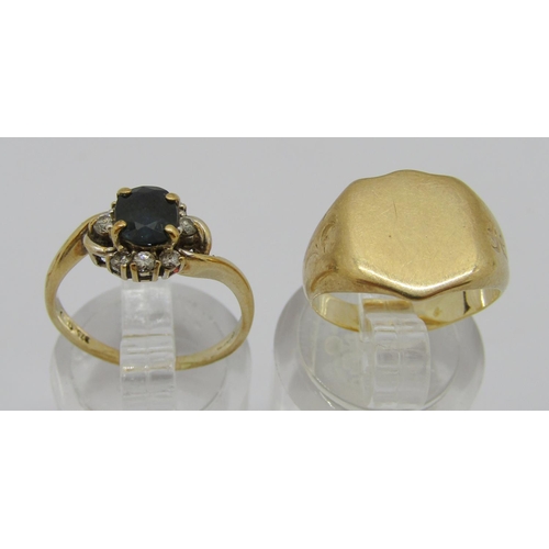 286 - 9ct shield signet ring, size H, 3.4g and a 9ct sapphire and diamond cluster ring, size L, 1.8g (2)