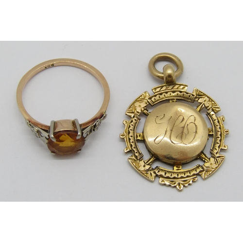 288 - Edwardian 9ct pendant with engraved detail, maker 'J.M', Birmingham 1906, 3.2g and a 9ct citrine dre... 