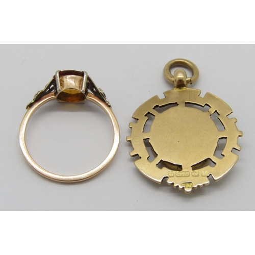 288 - Edwardian 9ct pendant with engraved detail, maker 'J.M', Birmingham 1906, 3.2g and a 9ct citrine dre... 