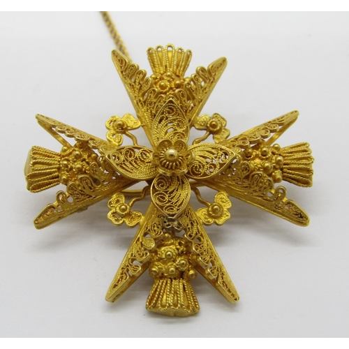 298 - 9ct filigree Maltese cross brooch with thistle detail, 3.7cm W approx, 8g