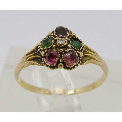 300 - 19th century yellow metal harlequin multi gem cluster ring with rose-cut diamond to centre, size N/O... 