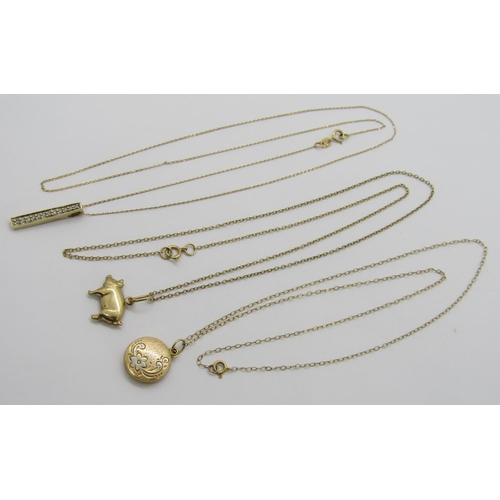 305 - Three 9ct pendant necklaces comprising a small locket, an example set with a vertical line of diamon... 