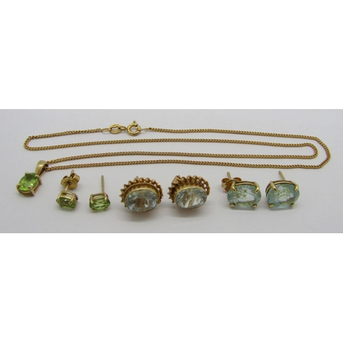 307 - Group of 9ct gem set jewellery comprising a peridot pendant necklace with matching pair of stud earr... 