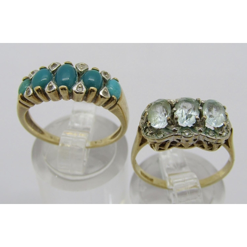 313 - Two 9ct gem and diamond set dress rings; a three stone spinel example, size N and a graduated five s... 