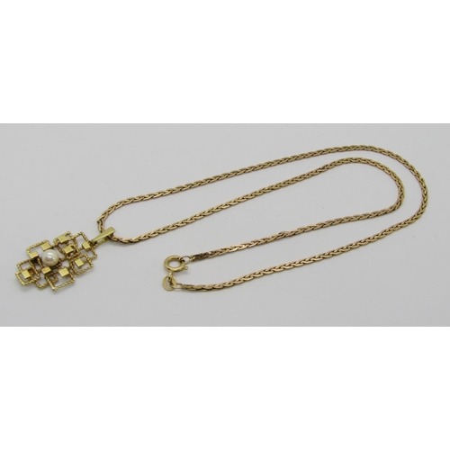 316 - Vintage 14ct pendant set with a single pearl, hung from an associated 9ct chain necklace, 9.7g total