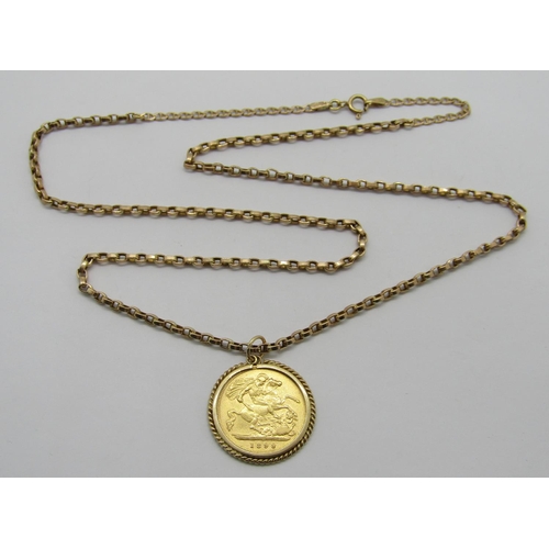 317 - Half sovereign dated 1899 in 9ct pendant mount, hung from an associated 9ct chain necklace, chain 4.... 