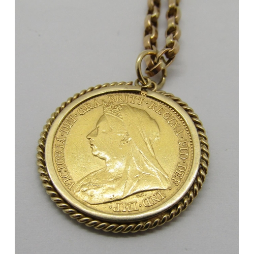 317 - Half sovereign dated 1899 in 9ct pendant mount, hung from an associated 9ct chain necklace, chain 4.... 