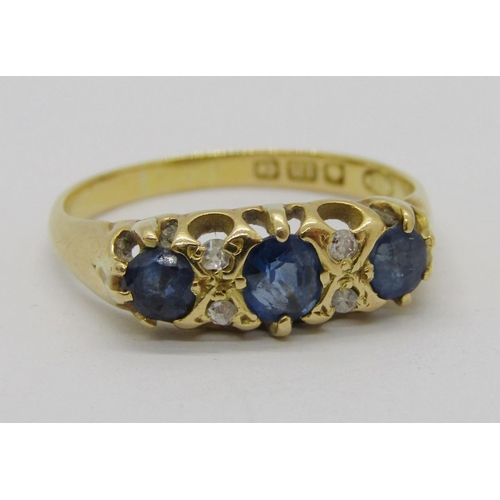 319 - Antique 18ct sapphire and diamond ring, maker 'NBs', Birmingham, size O/P, 2.6g