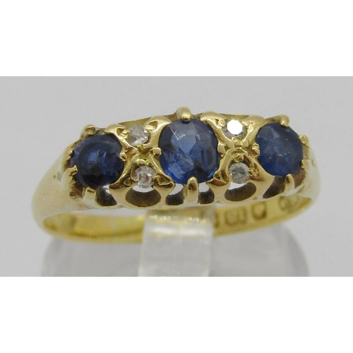 319 - Antique 18ct sapphire and diamond ring, maker 'NBs', Birmingham, size O/P, 2.6g