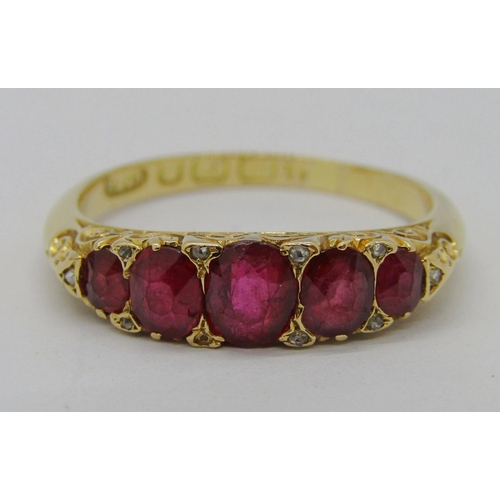 Antique 18ct graduated five stone ruby ring, interspersed with rose-cut diamonds, maker 'HG&S', Birmingham, size Q, 4.2g