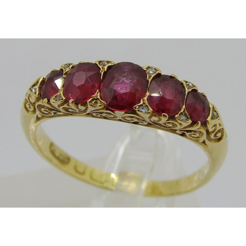 323 - Antique 18ct graduated five stone ruby ring, interspersed with rose-cut diamonds, maker 'HG&S', Birm... 