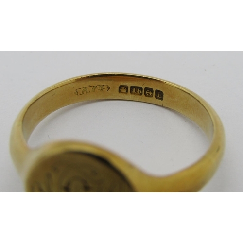 325 - 18ct signet ring with engraved initials, maker 'W.W&S', Birmingham 1929, size Y, 9.9g